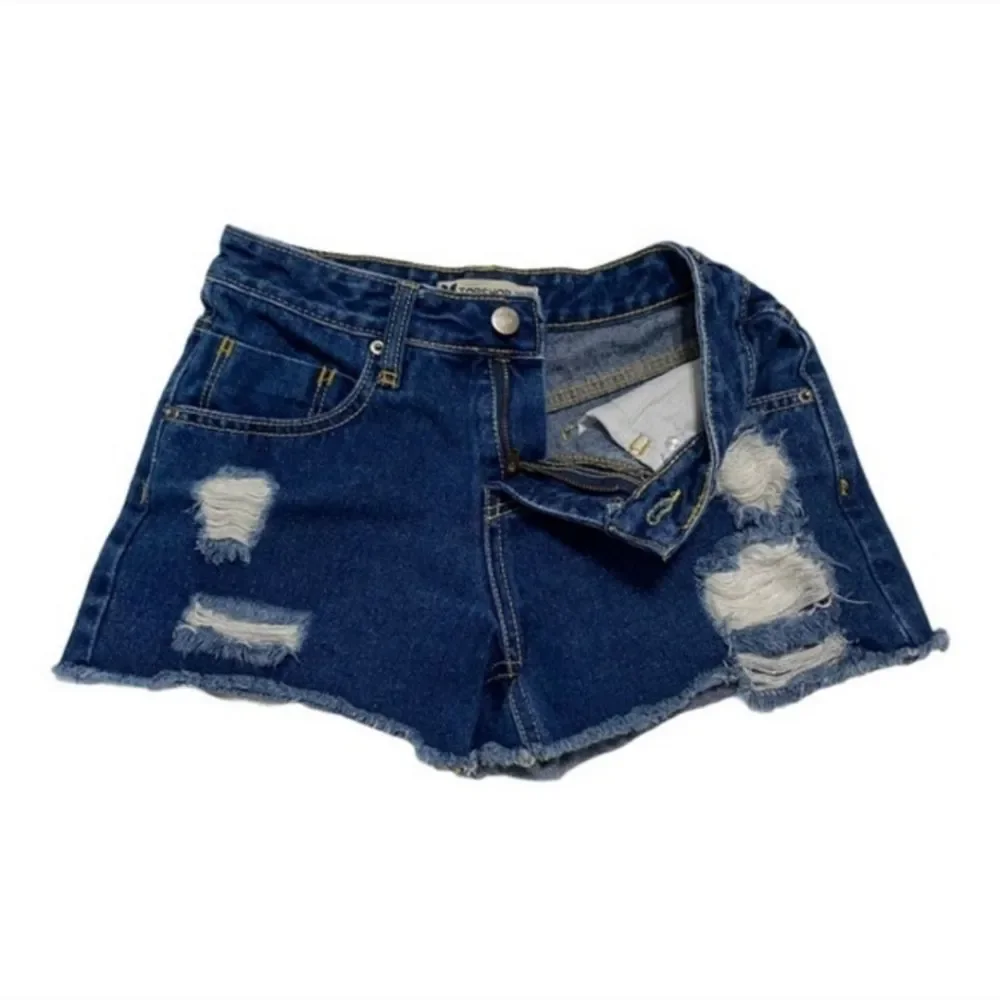 Topshop Distressed Dark Wash Five Pocket Denim Shorts Women Size 2 - Picture 2 of 7
